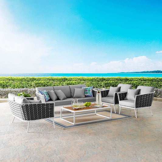 Stance Outdoor Patio Aluminum Sectional Sofa Set, 7 Piece, White Gray