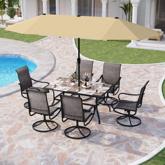 7 Pcs Patio Dining Set with Umbrella(Beige),6 Swivel Dining Chair & 1 Rectangular Woode-Like Top Table Set for 6 Person with 13Ft Outdoor Market Umbrella(No Base)