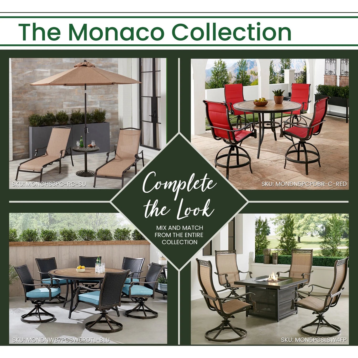 Monaco 7-Piece Outdoor High Dining Patio Set, 6 Counter-Height Padded Sling Swivel Chairs, 56" round Tile Table, 9' Umbrella, and Umbrella Base, Bronze Finish, Rust-Resistant, All-Weather
