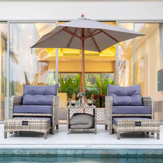 5-Pieces Wicker Patio Furniture Set Outdoor Patio Chairs with Ottomans, Purple Cushions