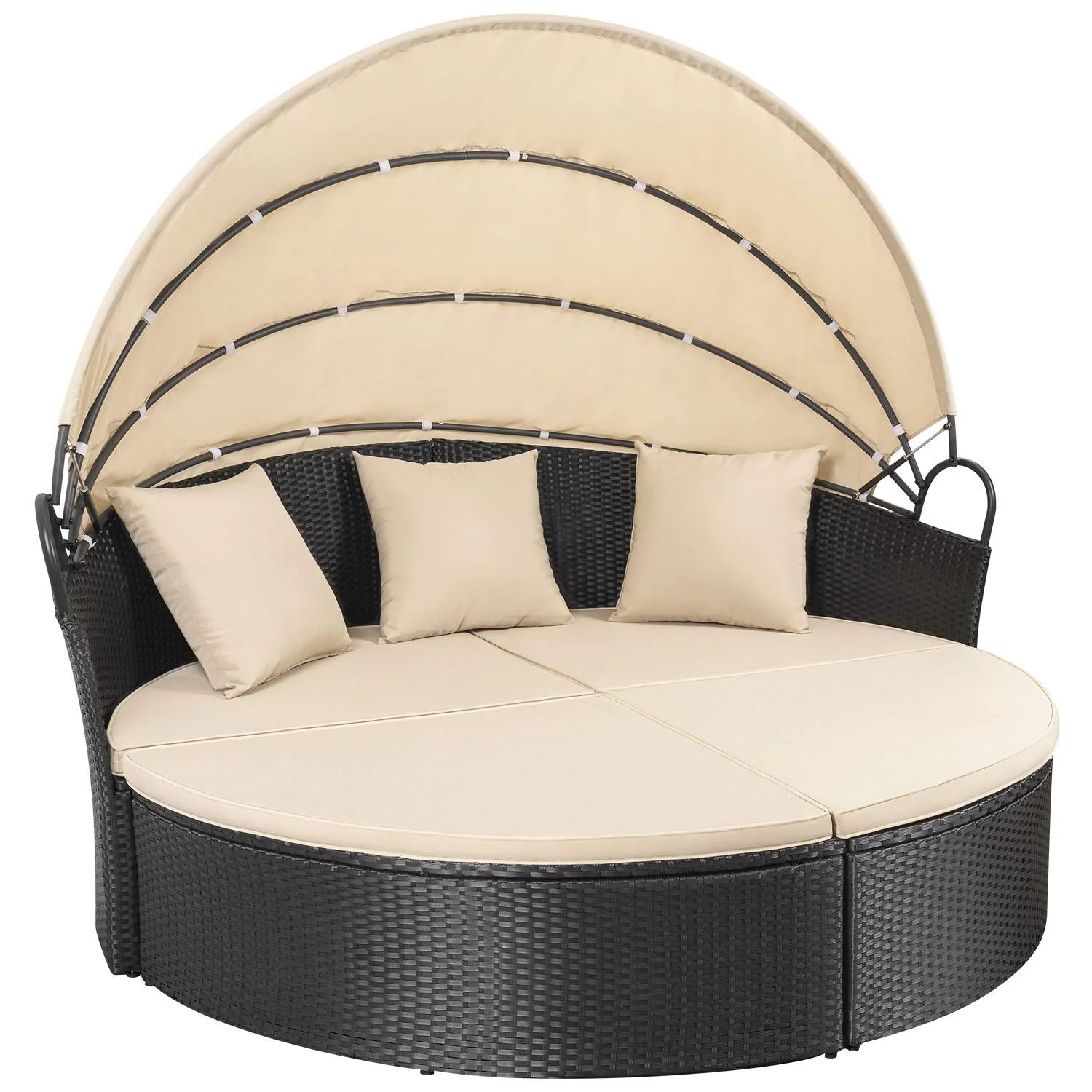 Outdoor Patio round Daybed with Retractable Canopy Wicker Furniture Sectional Seating with Washable Cushions for Patio Backyard Porch Pool Daybed Separated Seating (Beige)