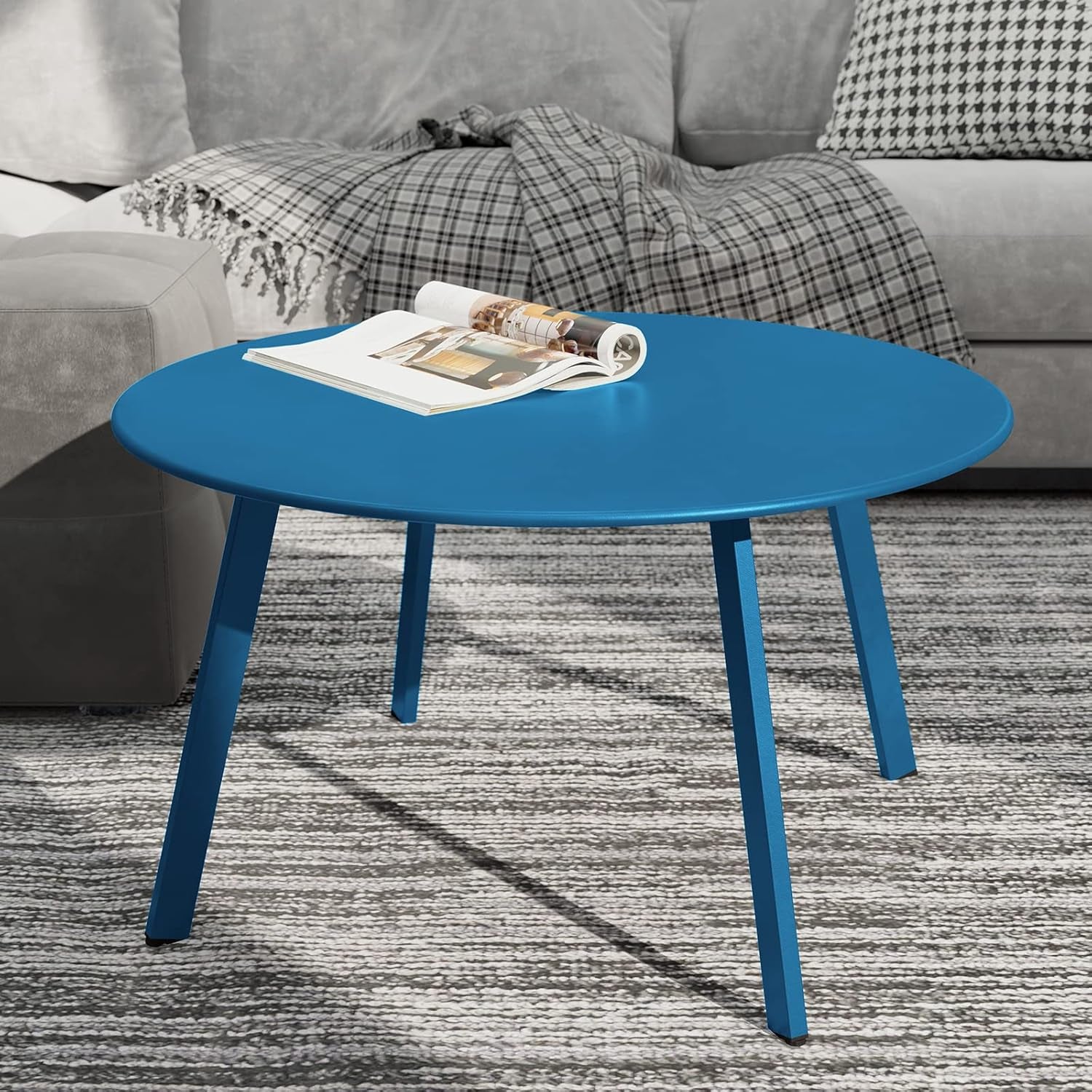 28-Inch round Side Table, Modern Steel Outdoor End Side Table for Patio Apartment Bedroom Living Room Balcony, Peacock Blue
