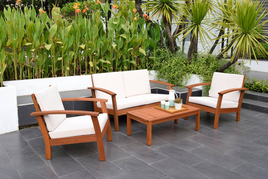 4-Piece Solid Wood Outdoor Conversation Set, Natural/Off-White