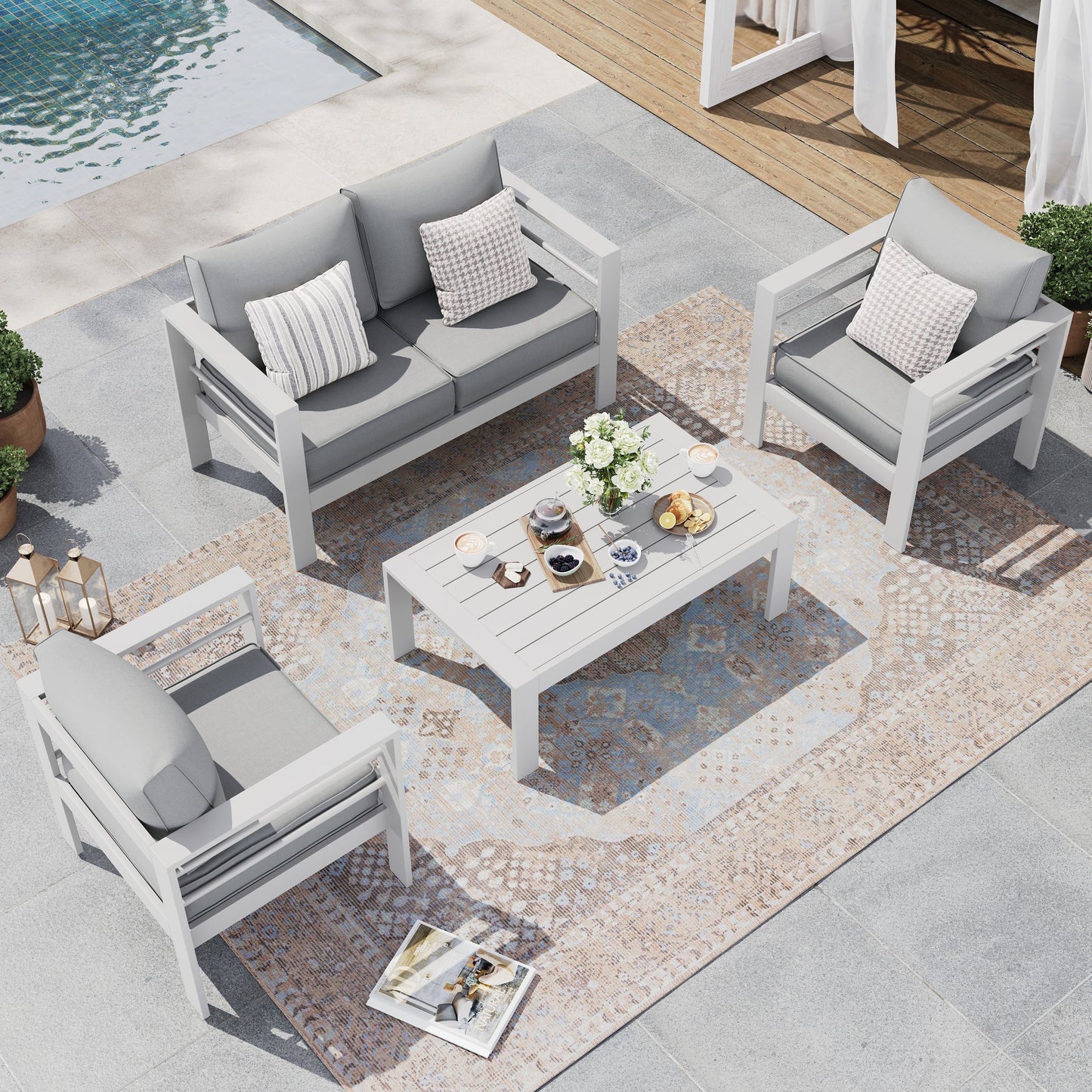 Aluminum Patio Furniture,Outdoor Metal Sectional Sofa with Table and Waterproof Covers,White Modern Patio Furniture Set for Garden Backyard (5-Piece)
