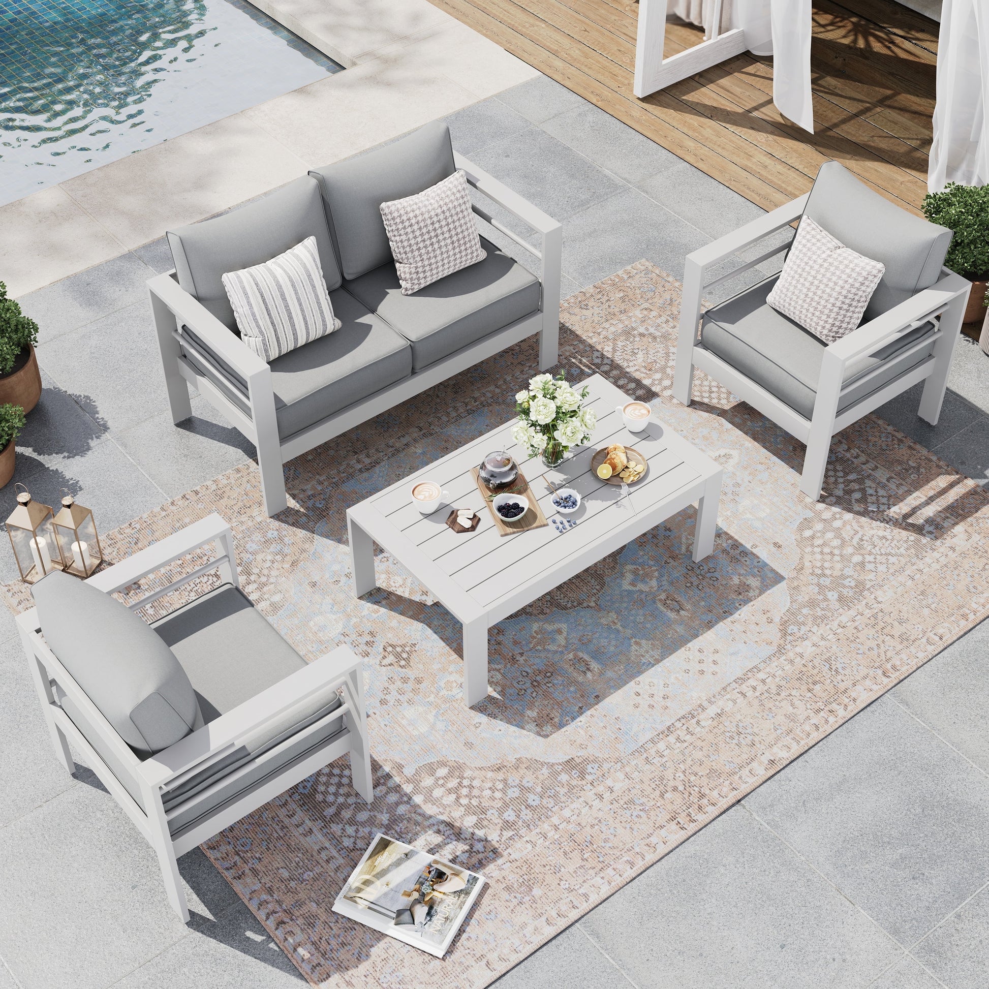 Aluminum Patio Furniture,Outdoor Metal Sectional Sofa with Table and Waterproof Covers,White Modern Patio Furniture Set for Garden Backyard (5-Piece)