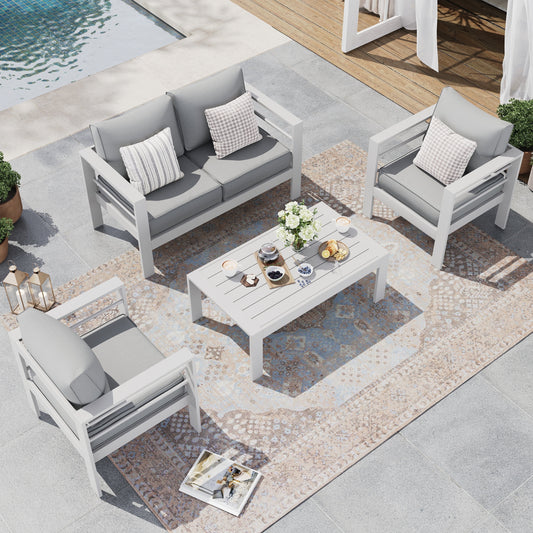 Aluminum Patio Furniture,Outdoor Metal Sectional Sofa with Table and Waterproof Covers,White Modern Patio Furniture Set for Garden Backyard (5-Piece)