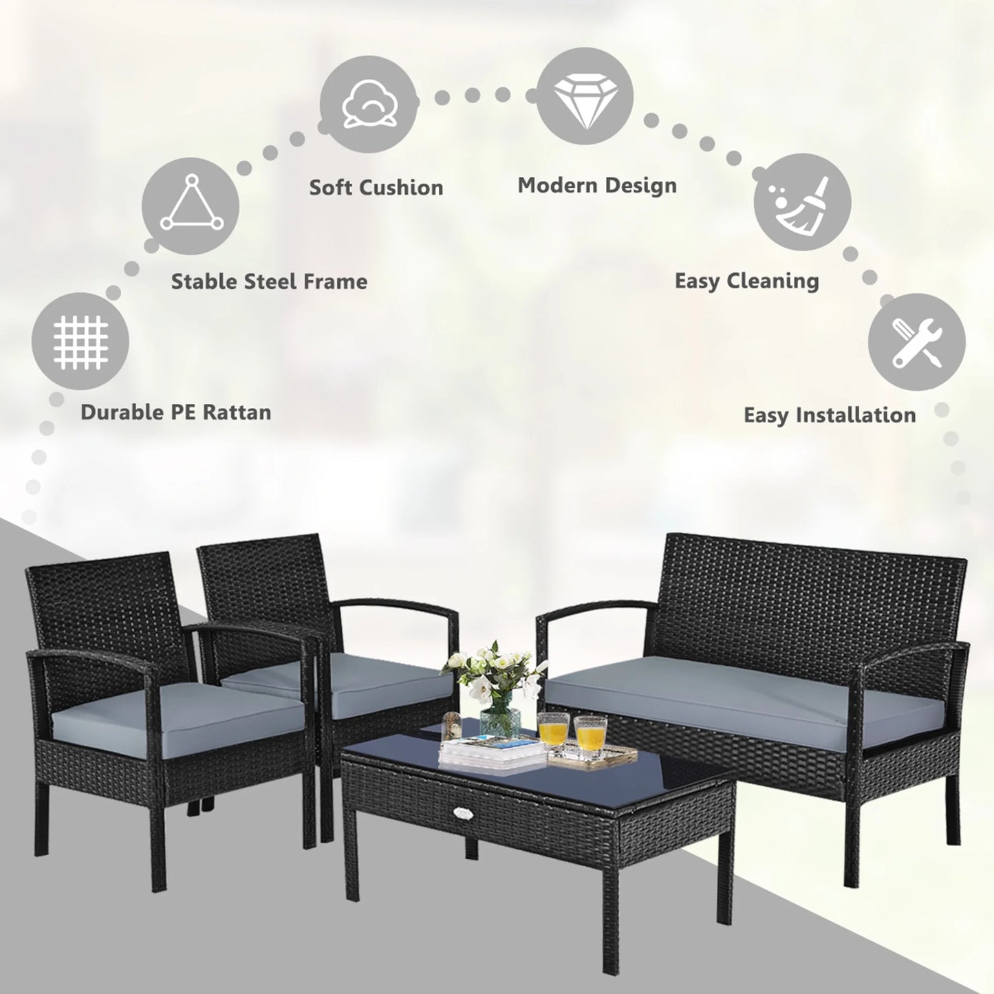 Patio Garden 4PC Rattan Wicker Furniture Set Black