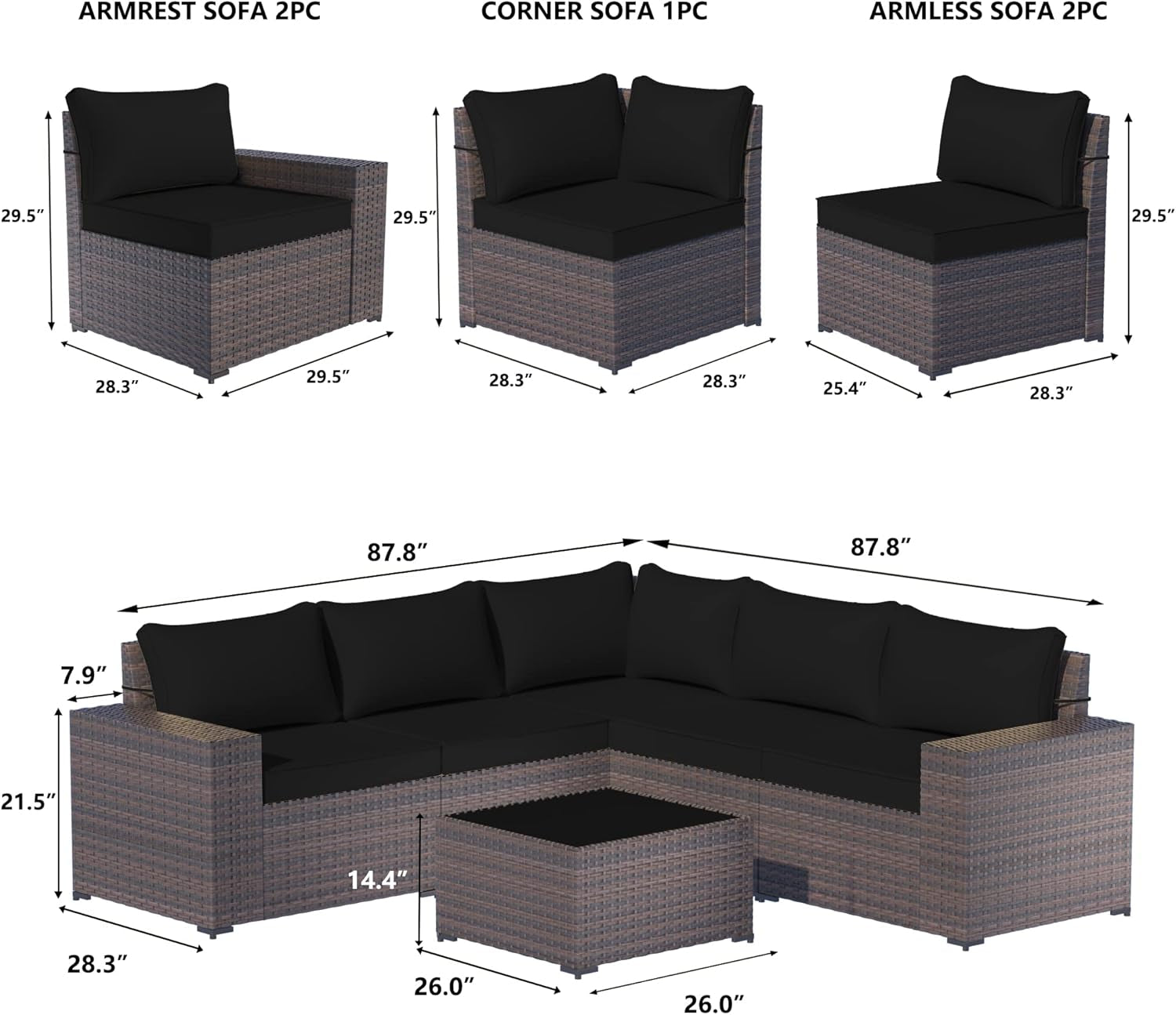 6 Piece Patio Furniture Sets Outdoor Conversation Sofa Set, All-Weather High Back PE Rattan Wicker Sectional Furniture Patio Sofa W/Tempered Glass Top Table&Thickened Cushions(Black)