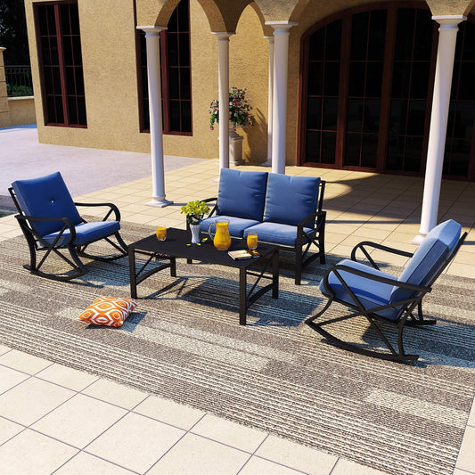 Patio Furniture Conversation Set Outdoor Patio Conversation Sectional Sets Rocking Chair Loveseat, Metal Frame with Cushions, Coffee Table for Pool-Side Backyard Lawn (5Pcs, Blue)