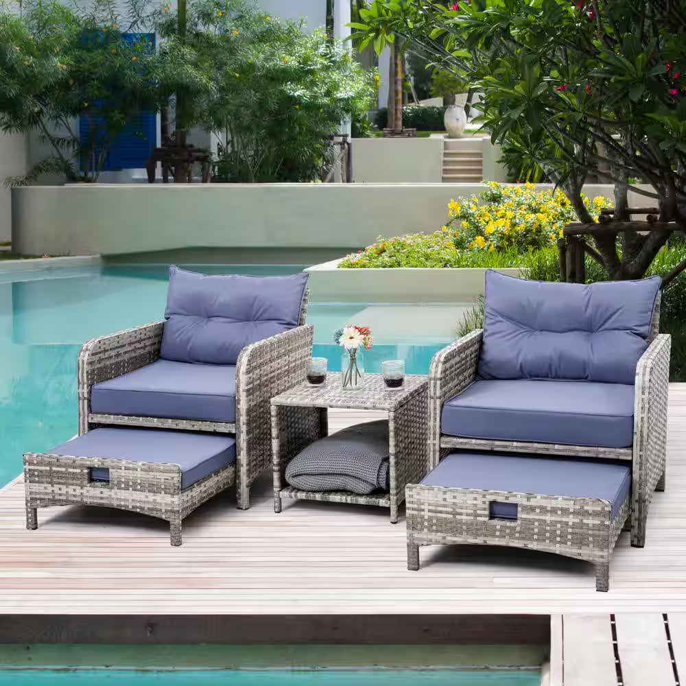 5-Pieces Wicker Patio Furniture Set Outdoor Patio Chairs with Ottomans, Purple Cushions