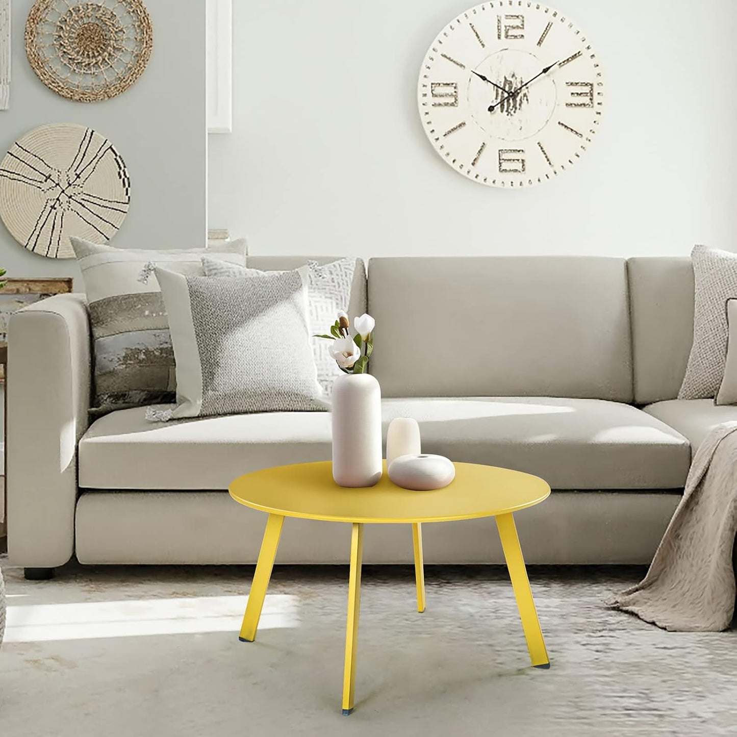 28-Inch round Side Table, Modern Steel Outdoor End Side Table for Patio Apartment Bedroom Living Room Balcony, Yellow
