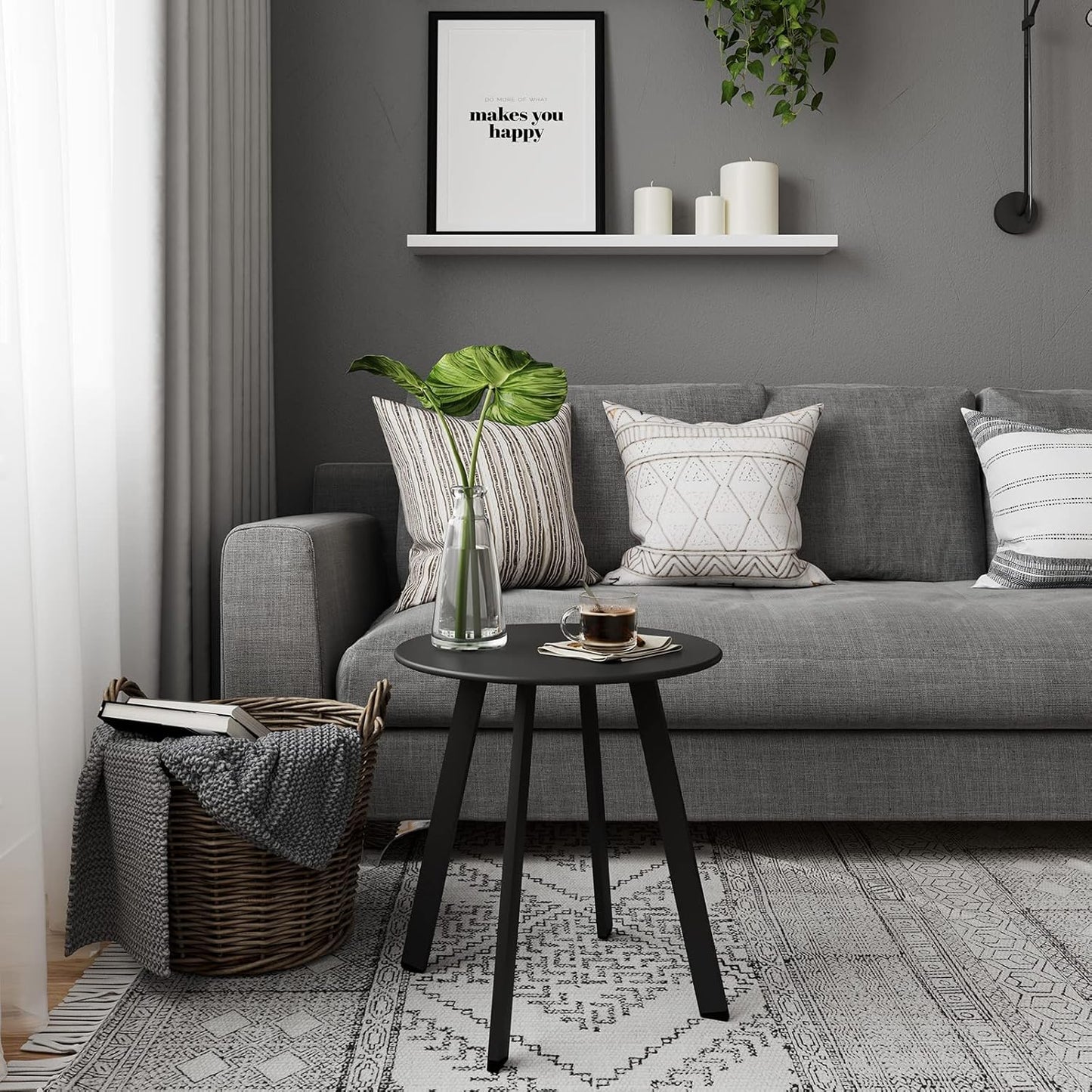 Outdoor Side Table, Small round End Table with Square Feet, E-Coated Steel Side Accent Table, Great for Patio Balcony