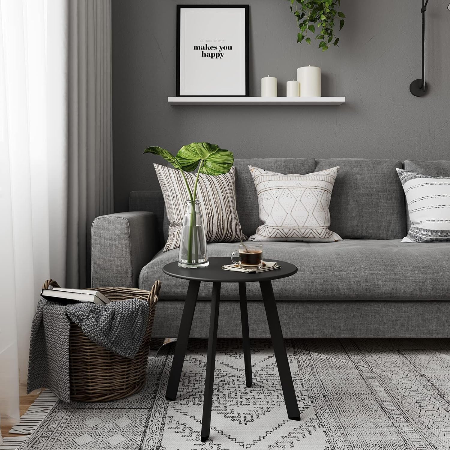 Outdoor Side Table, Small round End Table with Square Feet, E-Coated Steel Side Accent Table, Great for Patio Balcony