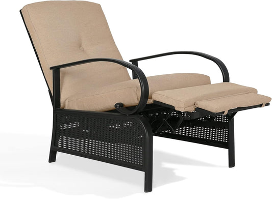 Adjustable Outdoor Reclining Lounge Chair Patio Recliner Chair with Strong Extendable Metal Frame and Removable Cushions for Outdoor Reading or Relaxation (Beige) (NPT237)