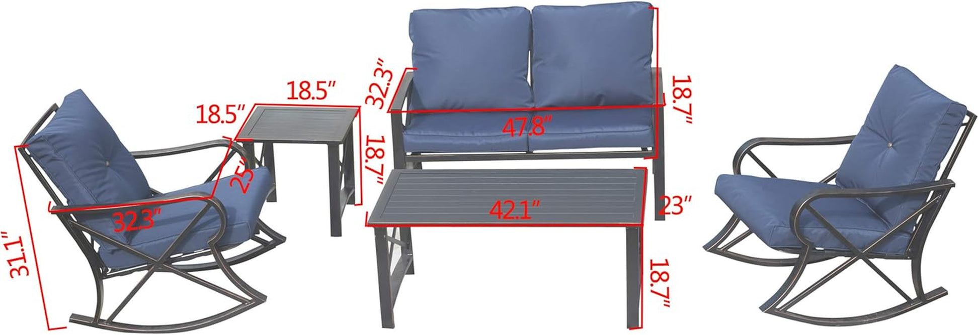 Patio Furniture Conversation Set Outdoor Patio Conversation Sectional Sets Rocking Chair Loveseat, Metal Frame with Cushions, Coffee Table for Pool-Side Backyard Lawn (5Pcs, Blue)