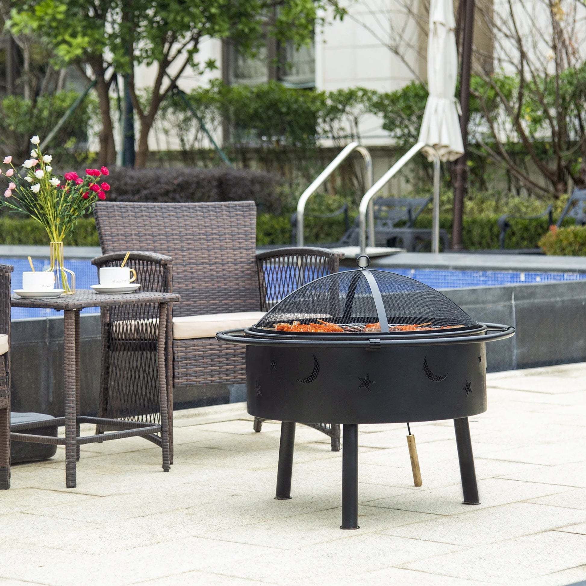 Star & Moon Bonfire round Steel Wood Burning Patio Fire Pit for Outdoor Patio