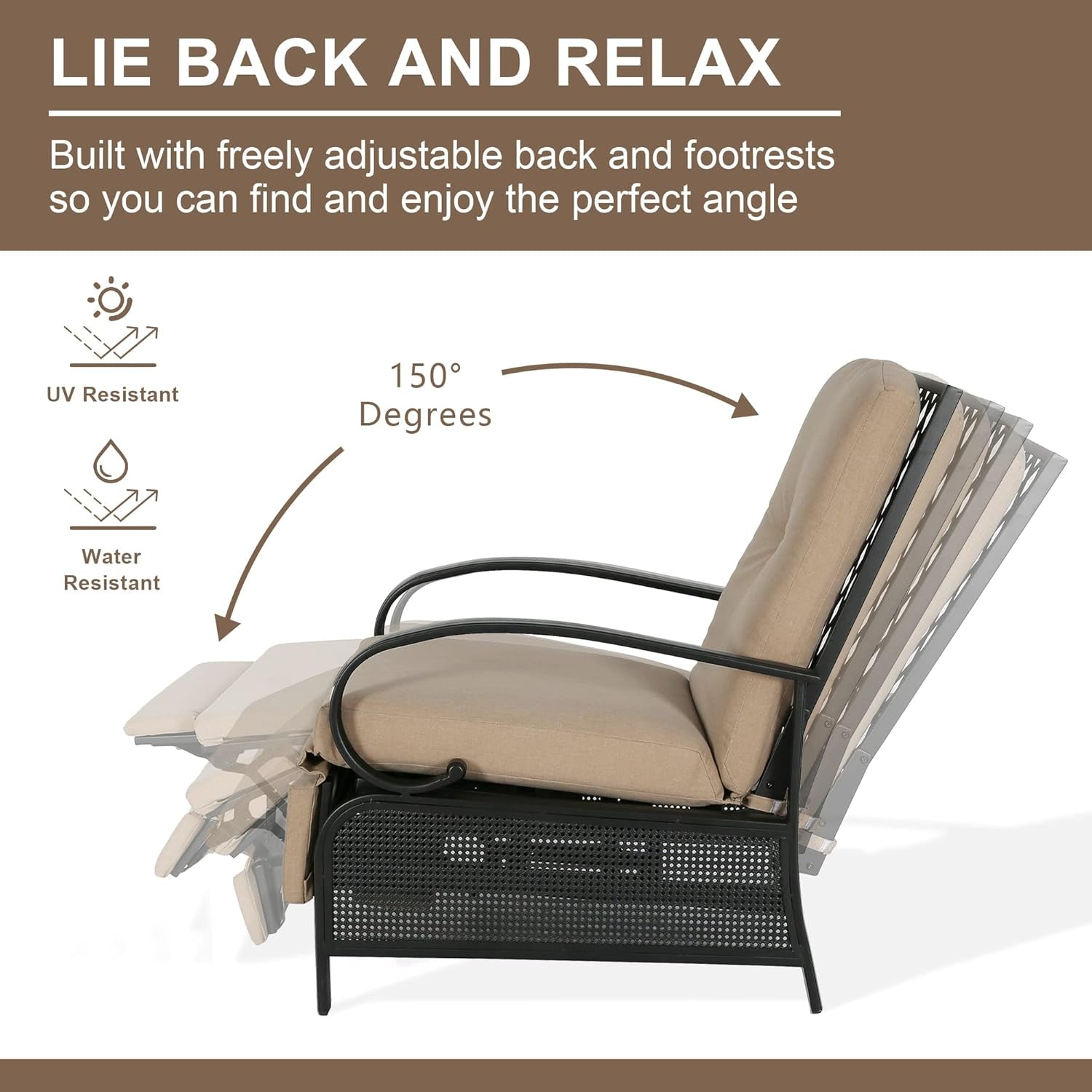 Adjustable Outdoor Reclining Lounge Chair Patio Recliner Chair with Strong Extendable Metal Frame and Removable Cushions for Outdoor Reading or Relaxation (Beige) (NPT237)