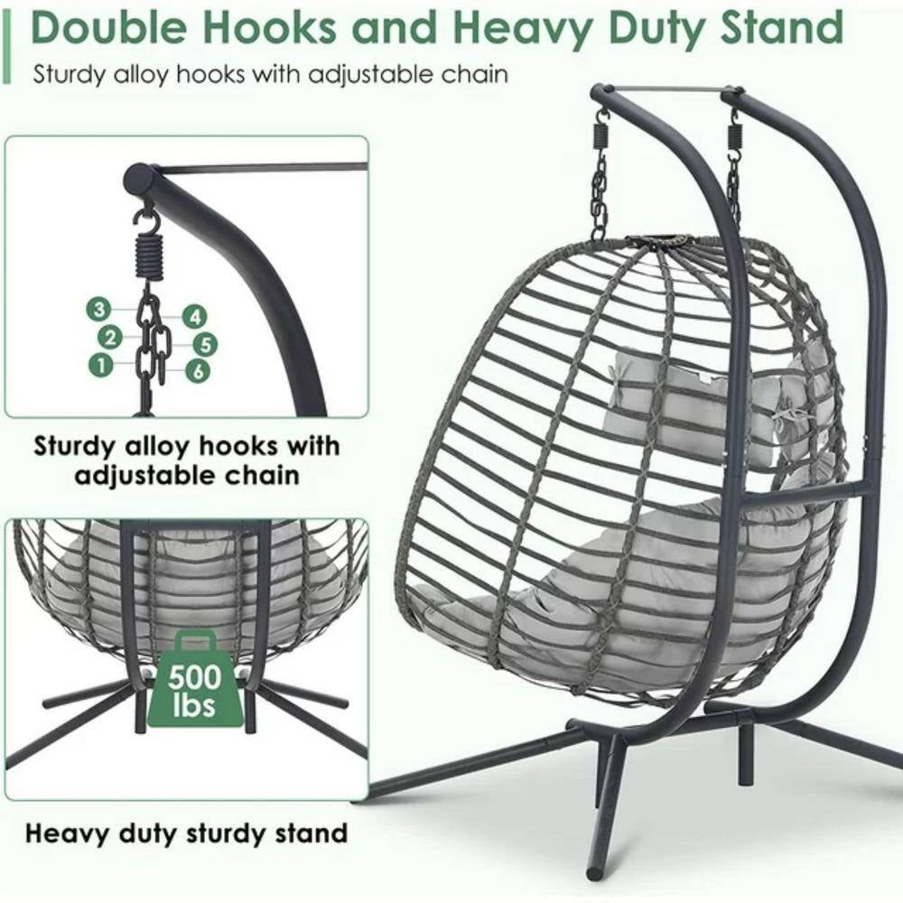 Large 2-Person 500 Lbs. Gray Wicker Double Swing Egg Chair with Black Stand and Gray Cushions