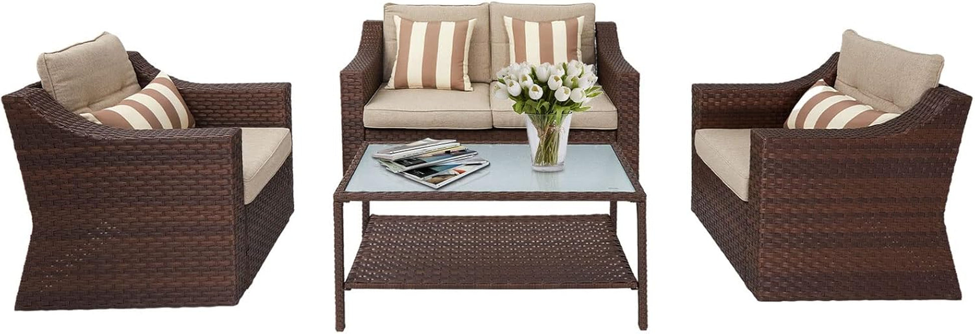 Outdoor Furniture 4-Piece Conversation Furniture Set All Weather Brown Wicker with Beige Cushions & Sophisticated Glass Coffee Table