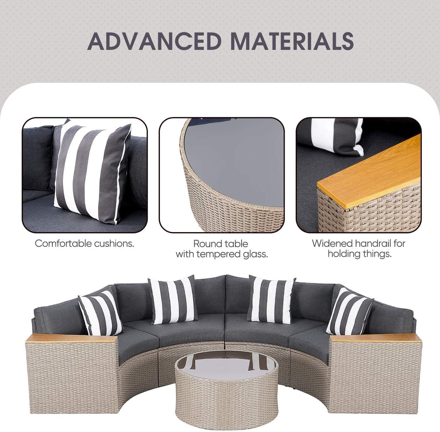 5-Piece Patio Sectional Furniture Patio Half-Moon Set Brown Wicker Curved Outdoor Sofa Set with Grey Cushions & Glass Coffee Table (Grey)