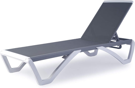 Patio Chaise Lounge Chair - Full Flat Alumium & Resin Legs, Outdoor Reclining Adjustable Chair for Sunbathing, Patio, Beach, Lounge without Table (Gray Textilene without Table)