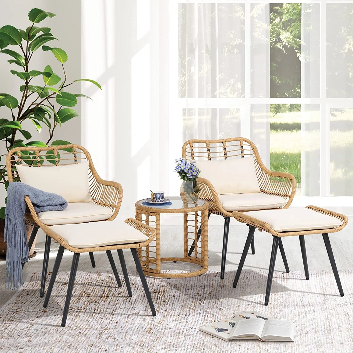 5-Piece Outdoor Wicker Furniture Set, Rattan Bistro All Weather Patio Conversation Set with Ottoman and round Coffee Side Table