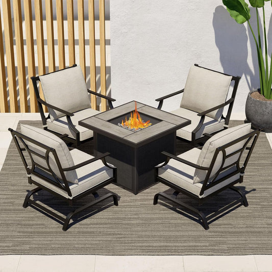5-Piece Outdoor Furniture Conversation Sets with 32-Inch 40000 BTU Heat Propane Gas Fire Pit Table CSA Approved Ceramic Tile & Grey Olefin Cushion Rocking Chairs
