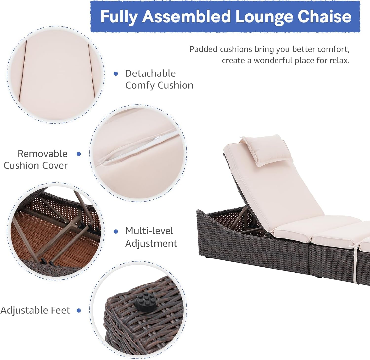 Folding Outdoor Adjustable Chaise Lounge Chair with Removable Cushion, Fully Assembled, Patio PE Rattan Reclining Lounger for Pool Beach, Dark Brown Rattan & Beige Cushion