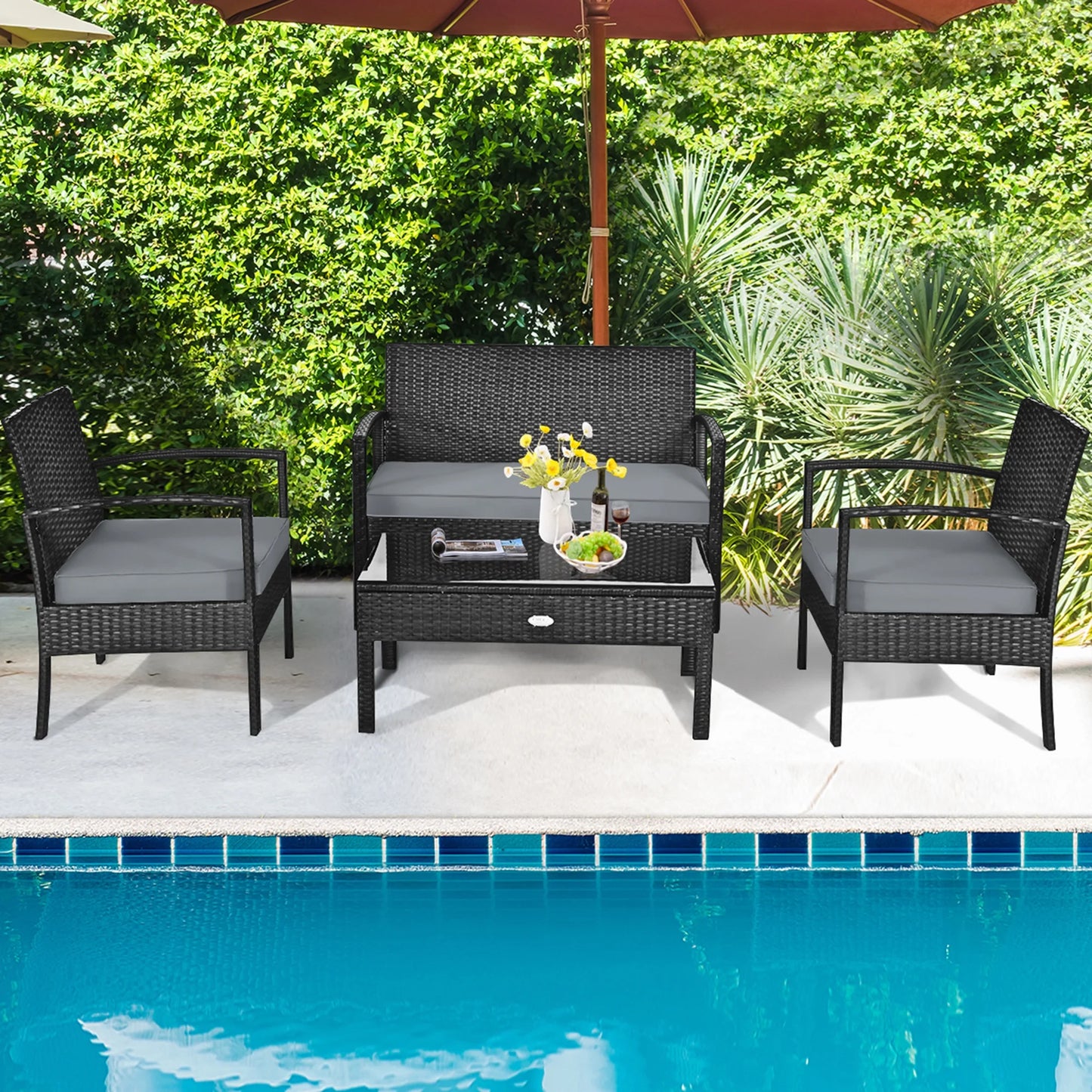 Patio Garden 4PC Rattan Wicker Furniture Set Black
