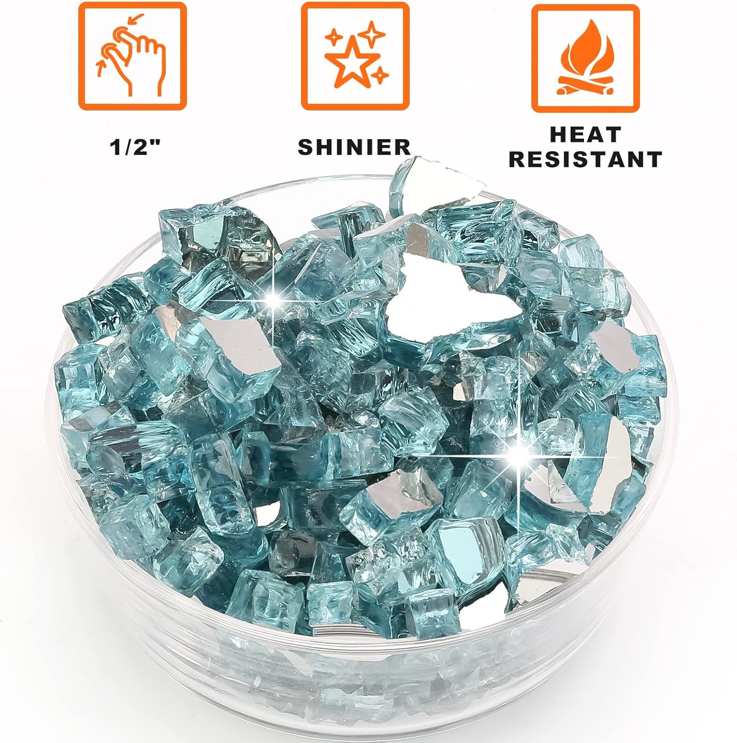 Fire Glass for Fire Pit, 1/2 Inch Aqua Blue Reflective Fire Glass for Propane Fire Pit, Fire Pit Glass Rocks Safe for Outdoors and Indoors Fire Pit, 10 Pounds