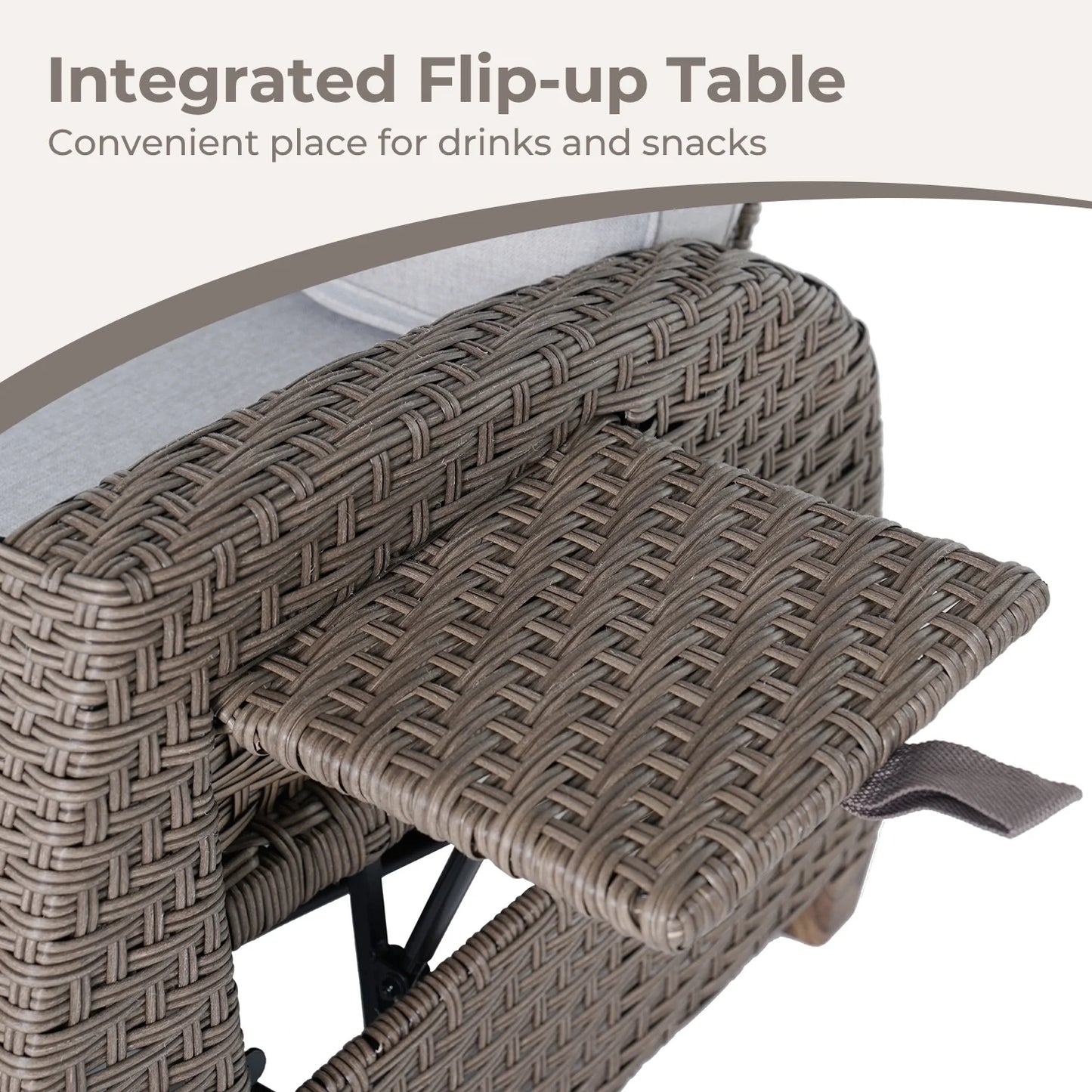 Indoor & Outdoor PE Wicker Patio Lounge Recliner with Flip Table, Mist Gray