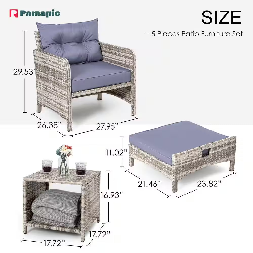 5-Pieces Wicker Patio Furniture Set Outdoor Patio Chairs with Ottomans, Purple Cushions