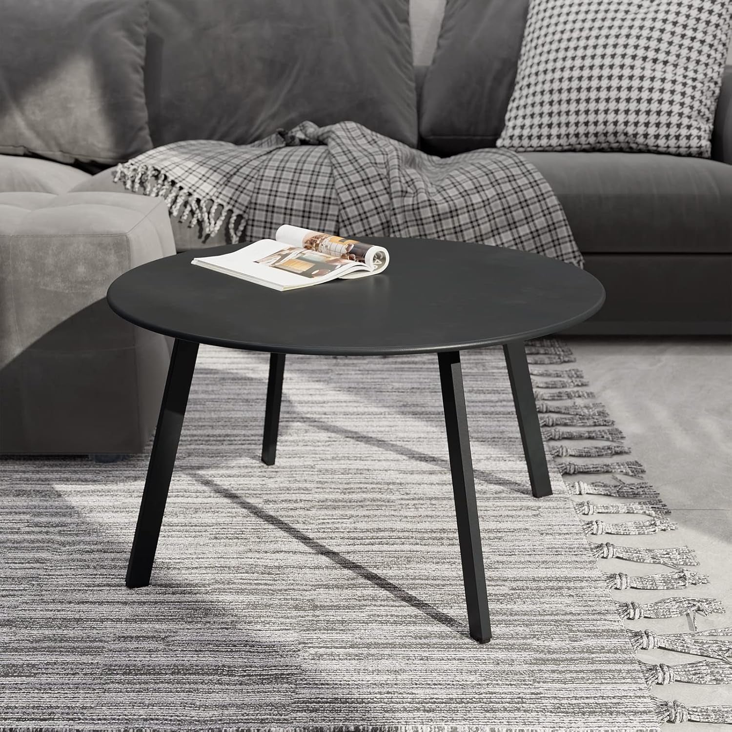 28-Inch round Side Table, Modern Steel Outdoor End Side Table for Patio Apartment Bedroom Living Room Balcony, Black