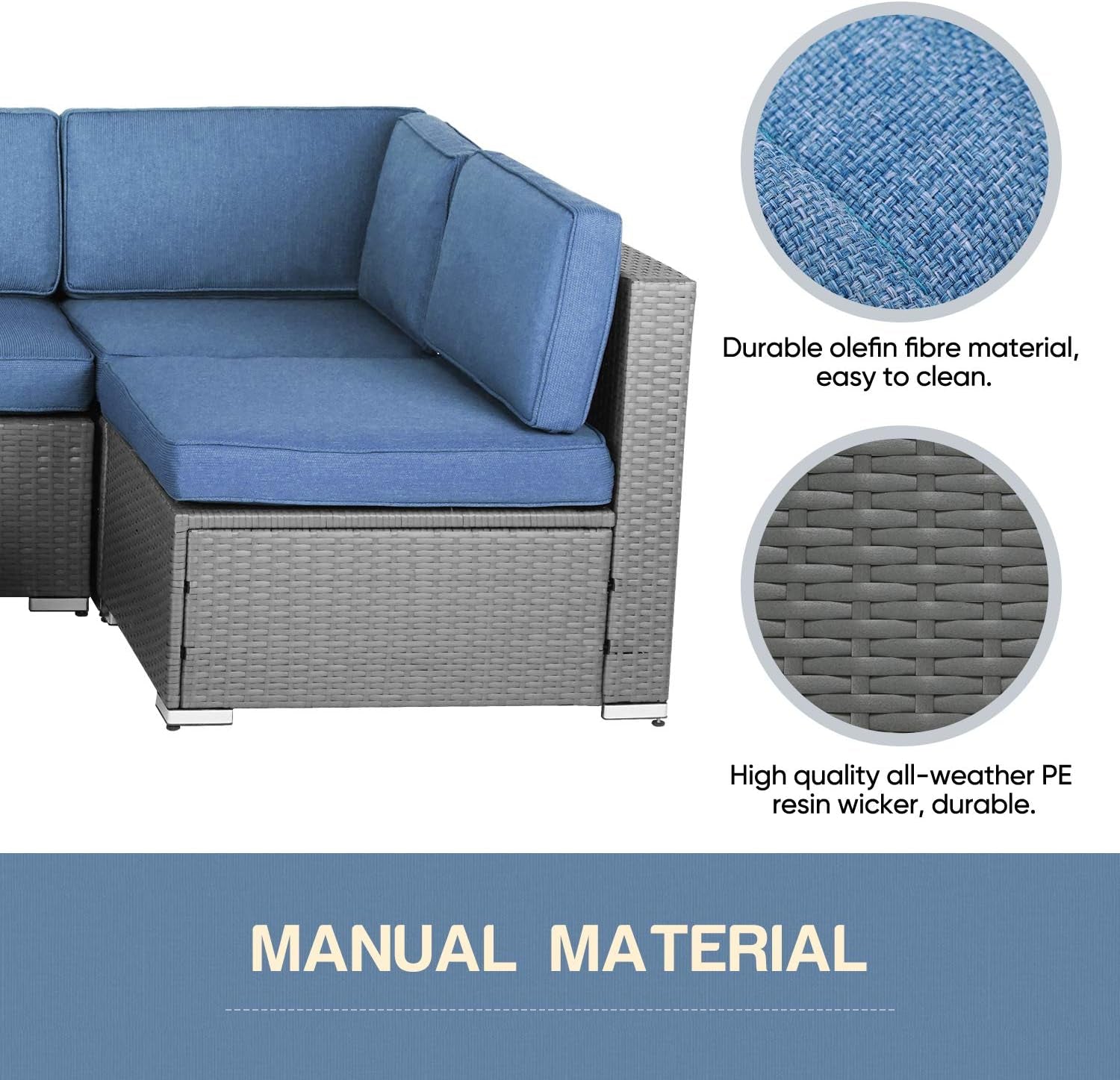 7-Piece Outdoor Furniture Set, Gray Wicker Patio Conversation Set Modular Outdoor Sectional Sofa with YKK Zipper & Coffee Table - Denim Blue