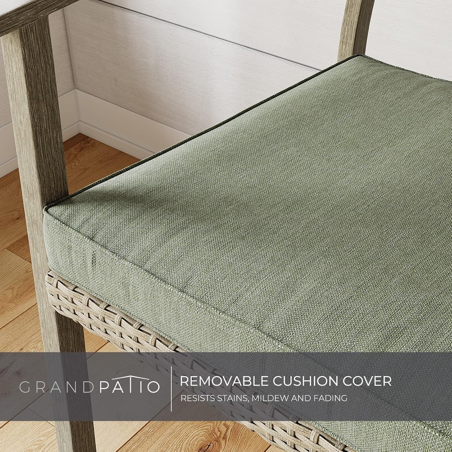 Outdoor Bench, Wicker Patio Benches with Cushion, Patio Loveseat for Front Porch Backyard outside Furniture Decor (Green Cushion, Wicker Rattan)