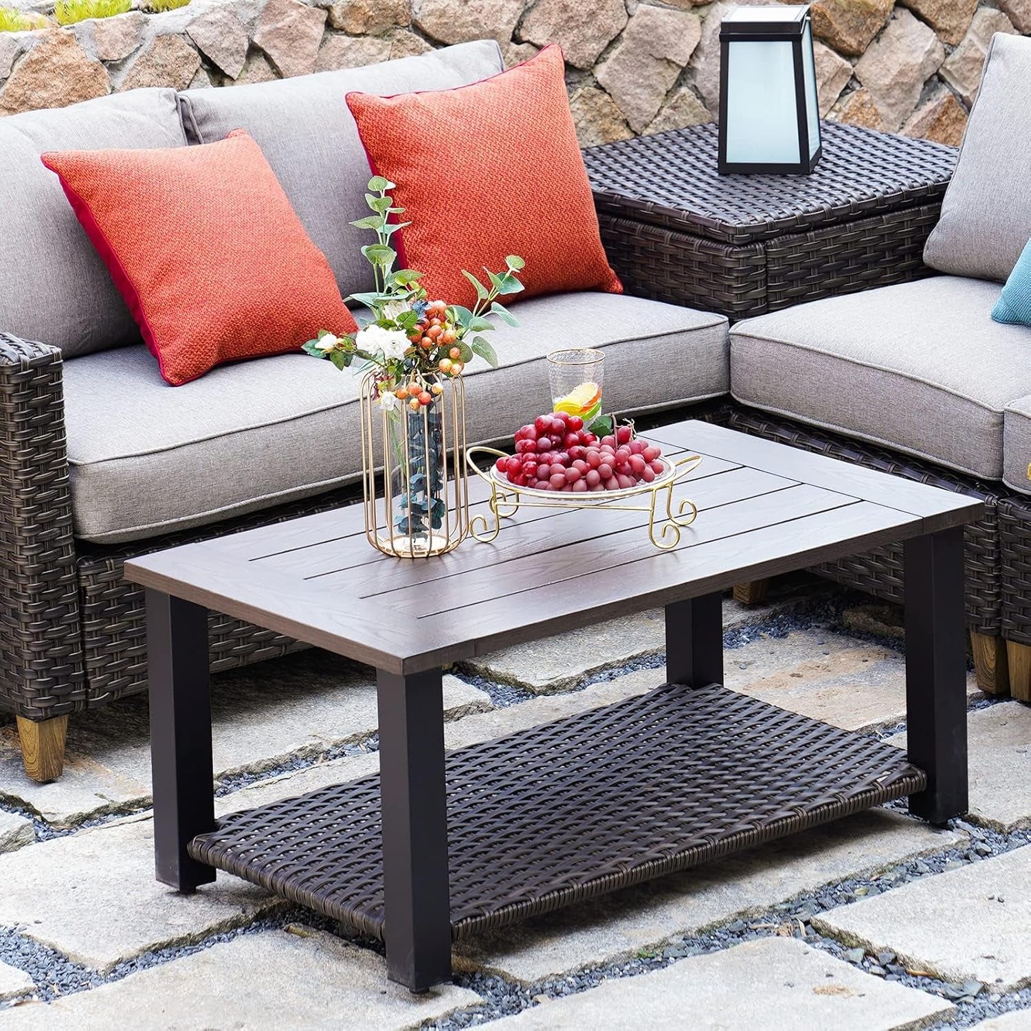 Outdoor Coffee Table with Wicker Shelf Storage, 40-Inch Rectangle Modern Patio Coffee Table with Faux Wood Tabletop, Fits with Outdoor Conversation Set