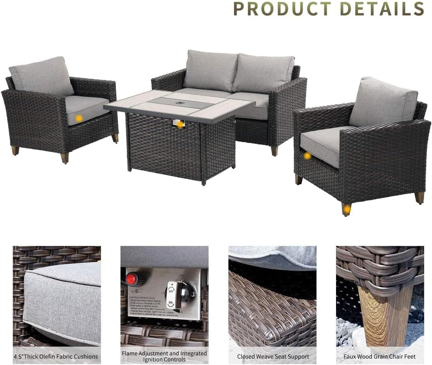 Sofa Sets 5PCS, Patio Furniture with Fire Pit Table, Luxury Wicker, Brown