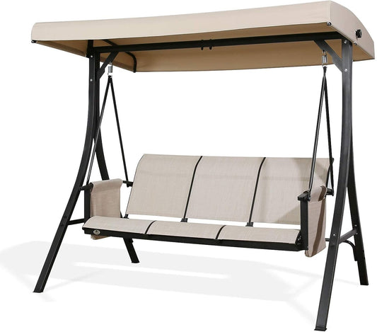 3-Seater Outdoor Porch Swing Patio Hammock Swing Glider Bench with Adjustable Canopy(Tan)