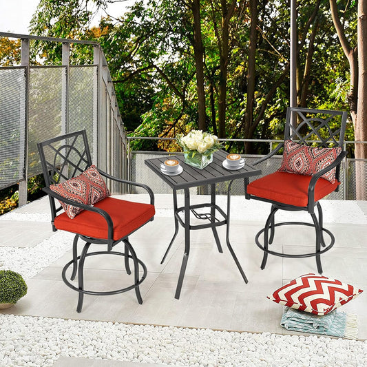 3-Piece Outdoor Patio Swivel Bar Stool Set with Height Outdoor Bar Table (Slat Desktop) and Patio High Swivel Bar Stool Chairs