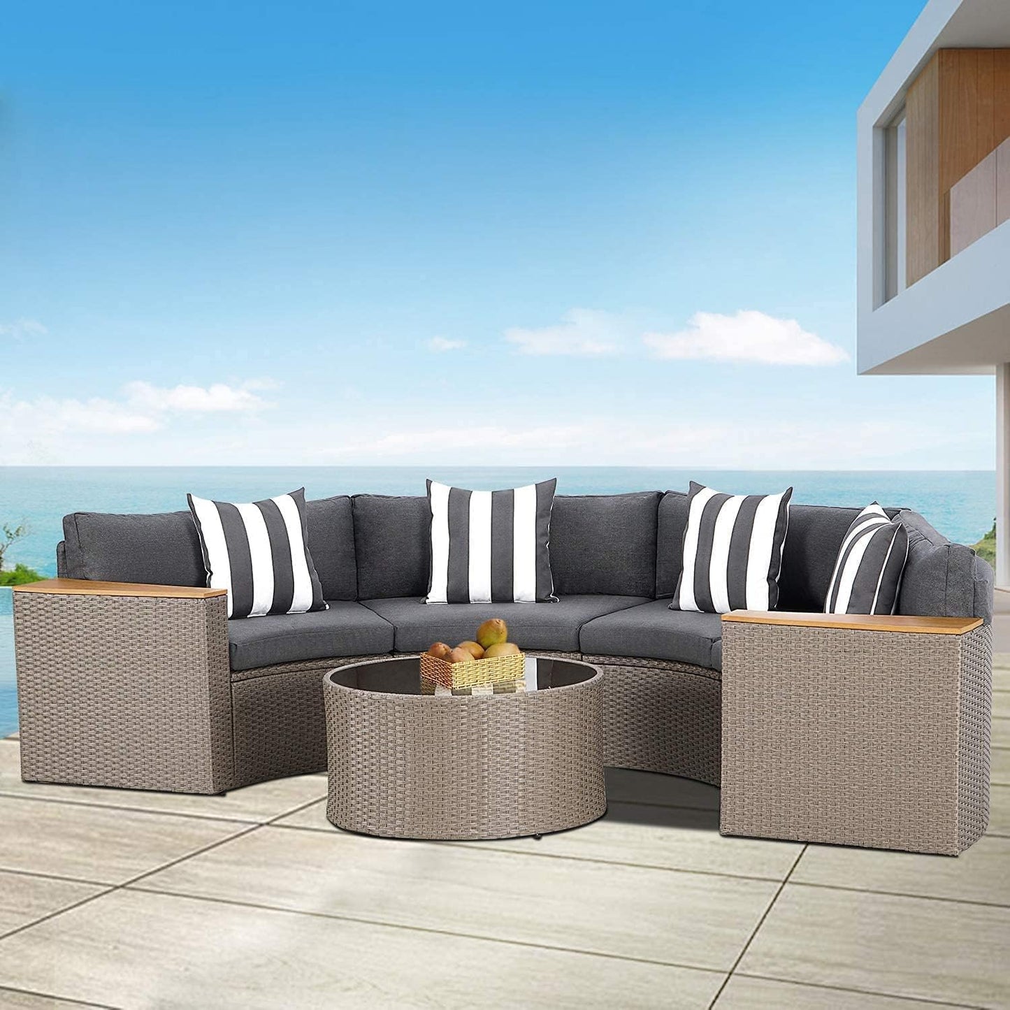 5-Piece Patio Sectional Furniture Patio Half-Moon Set Brown Wicker Curved Outdoor Sofa Set with Grey Cushions & Glass Coffee Table (Grey)