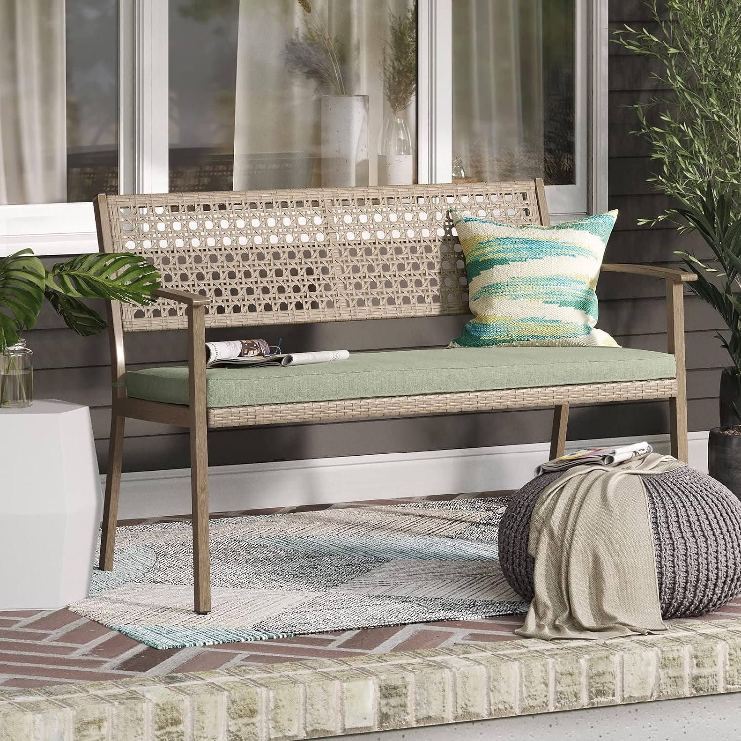 Outdoor Bench, Wicker Patio Benches with Cushion, Patio Loveseat for Front Porch Backyard outside Furniture Decor (Green Cushion, Wicker Rattan)