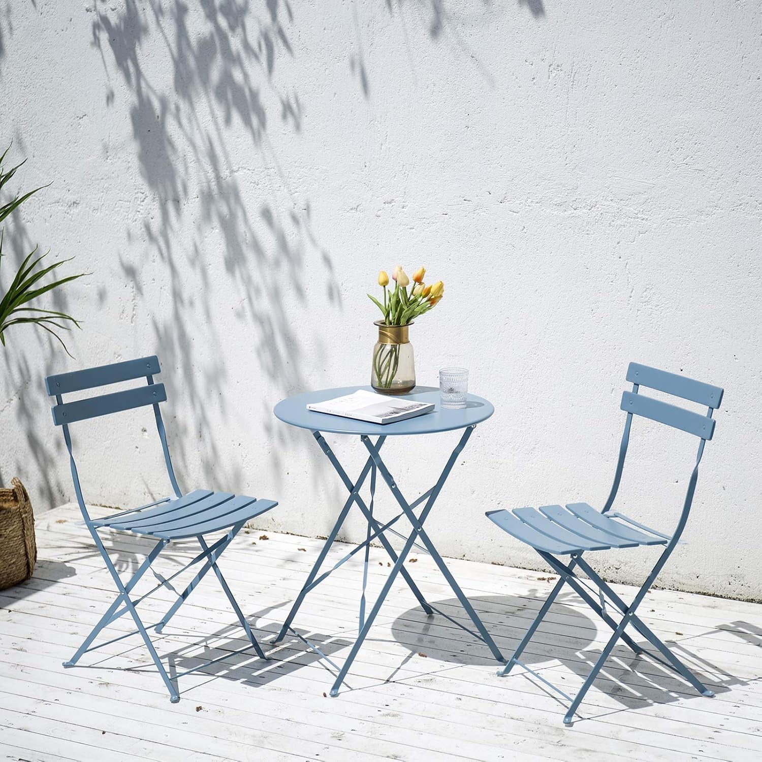 Patio Bistro Set, Outdoor Patio Furniture Sets, 3 Piece Patio Set of Foldable Bistro Chairs and Table, Light Blue