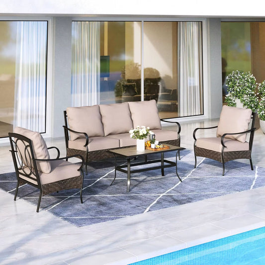 Outdoor Patio Furniture Set, 4 PCS Heavy-Duty Metal Patio Conversation Sets for 5, Patio Sectional Sofa Set with High Back 3-Sea
