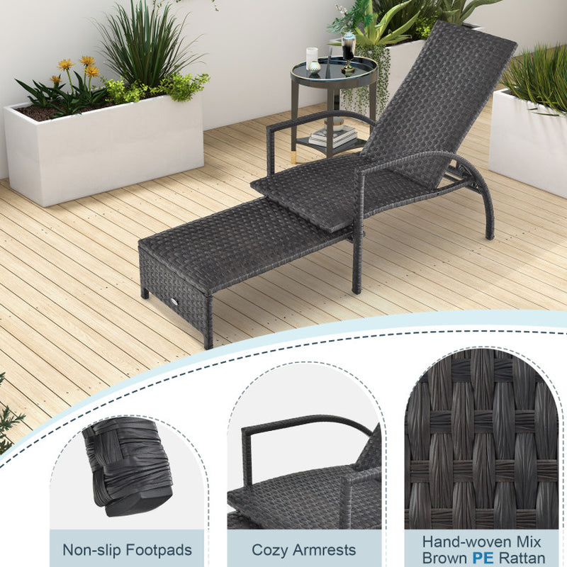 Patio Chaise Lounge Rattan Lounge Chair with Retractable Ottoman