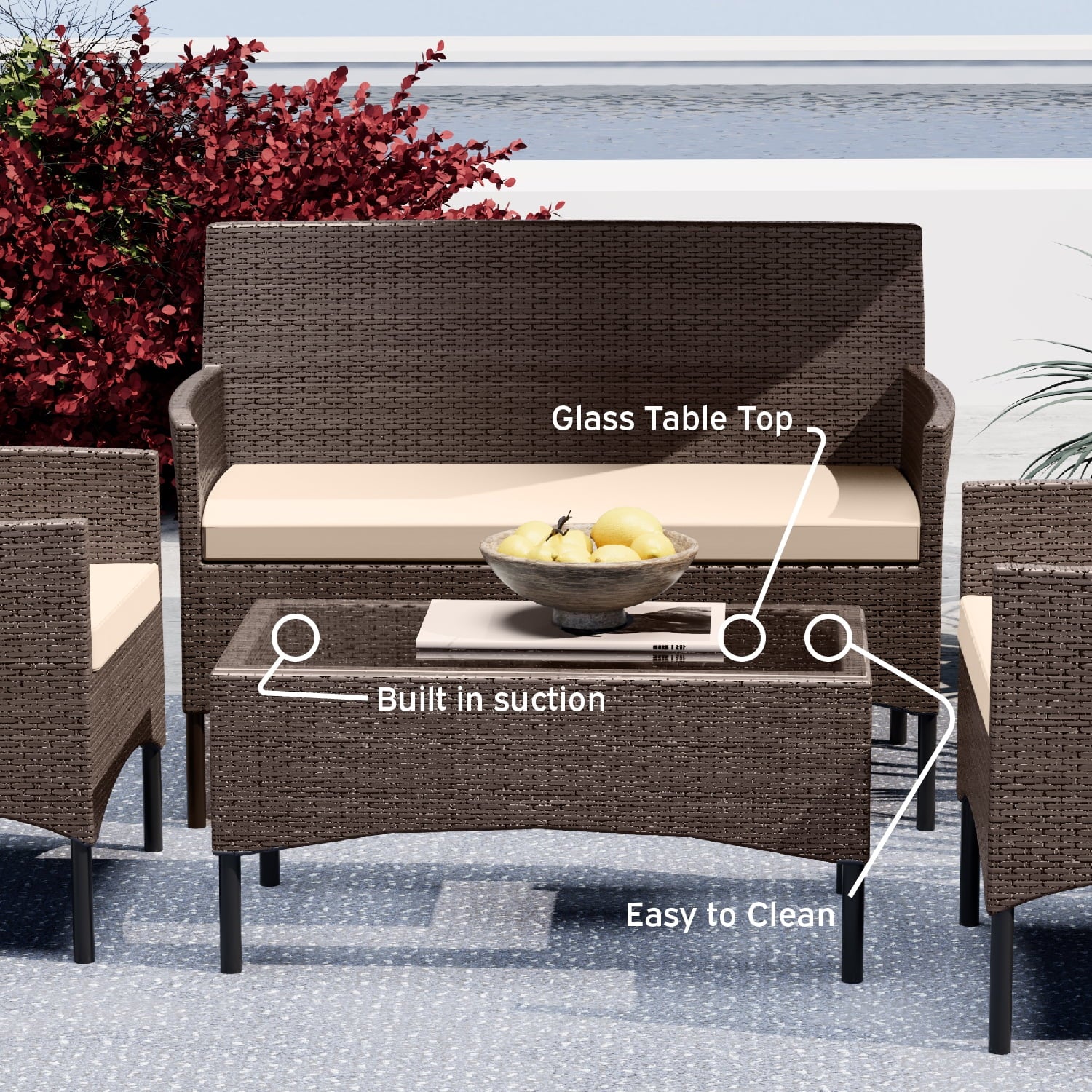 Patio Furniture Set, Outdoor Wicker 4 Piece Patio Chairs Set, Brown with Beige Cushions