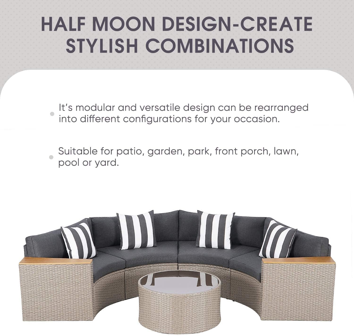 5-Piece Patio Sectional Furniture Patio Half-Moon Set Brown Wicker Curved Outdoor Sofa Set with Grey Cushions & Glass Coffee Table (Grey)