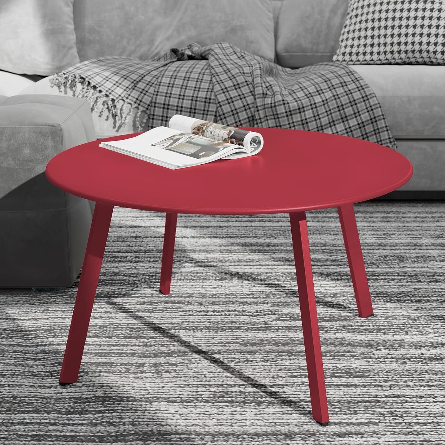 28-Inch round Side Table, Modern Steel Outdoor End Side Table for Patio Apartment Bedroom Living Room Balcony, Red