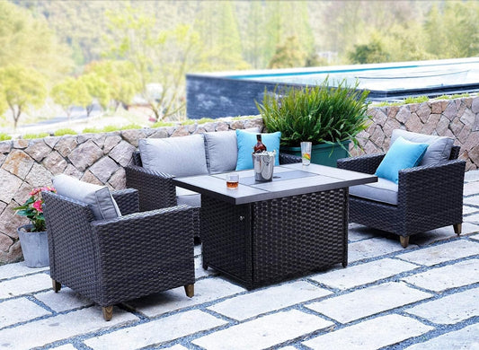 Sofa Sets 5PCS, Patio Furniture with Fire Pit Table, Luxury Wicker, Brown