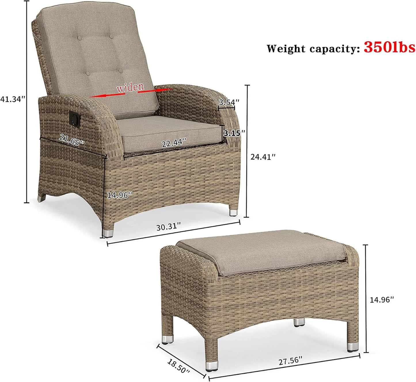 Outdoor Recliner Hand-Woven Wicker Outdoor Armchair, Reclining Patio Chair with Cushions and Ottoman Aluminum Frame Patio Sofa Chair, Patio Recliner Adjustable Patio Lounge Chair