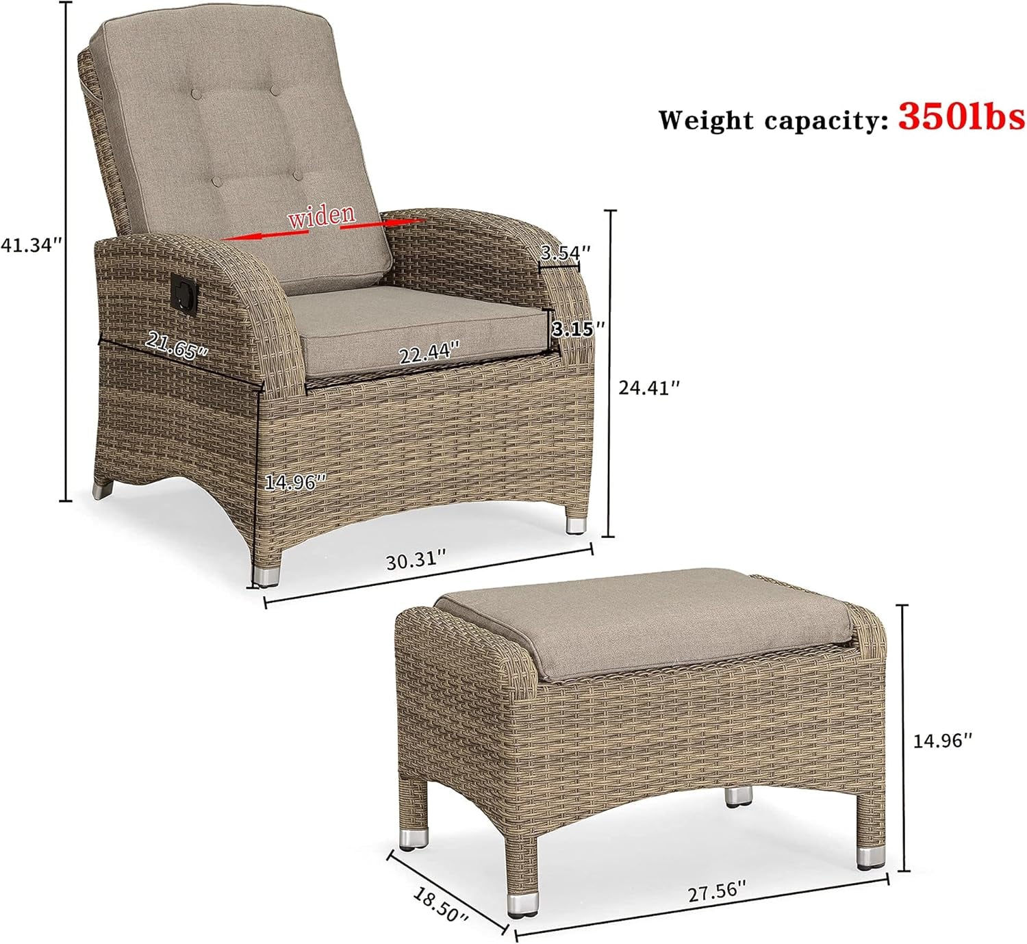 Outdoor Recliner Hand-Woven Wicker Outdoor Armchair, Reclining Patio Chair with Cushions and Ottoman Aluminum Frame Patio Sofa Chair, Patio Recliner Adjustable Patio Lounge Chair